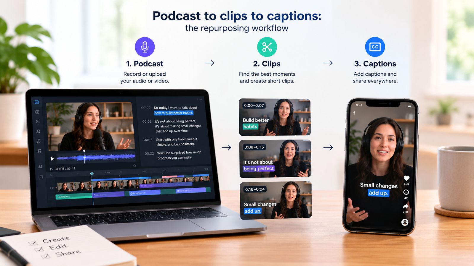 Podcast to clips to captions: the repurposing workflow