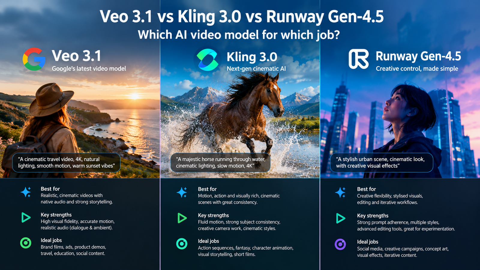 Veo 3.1 vs Kling 3.0 vs Runway Gen-4.5: which AI video model for which job