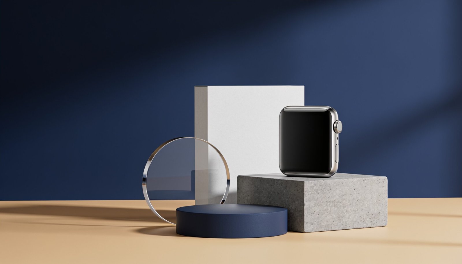 Abstract editorial illustration in deep blue, slate and warm neutral tones (description pending review)