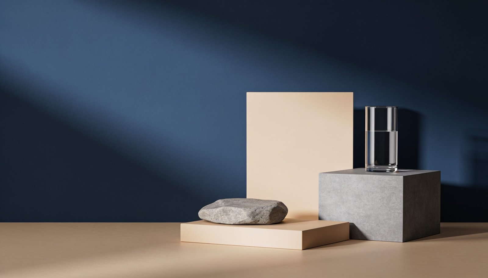 Abstract editorial illustration in deep blue, slate and warm neutral tones (description pending review)