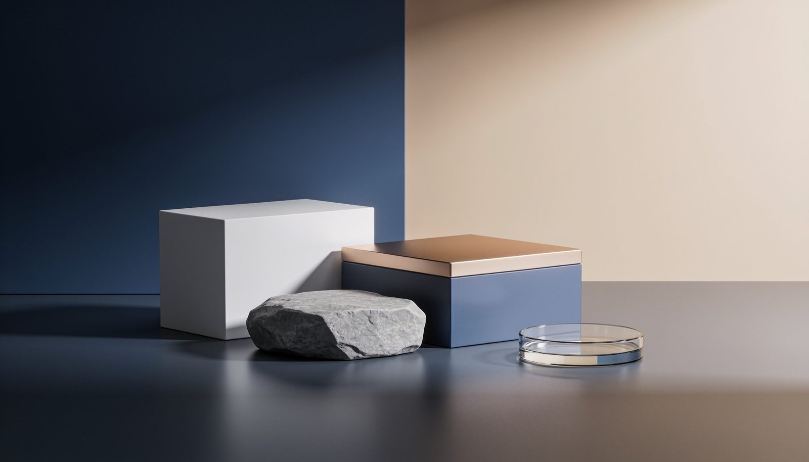Abstract editorial illustration in deep blue, slate and warm neutral tones (description pending review)