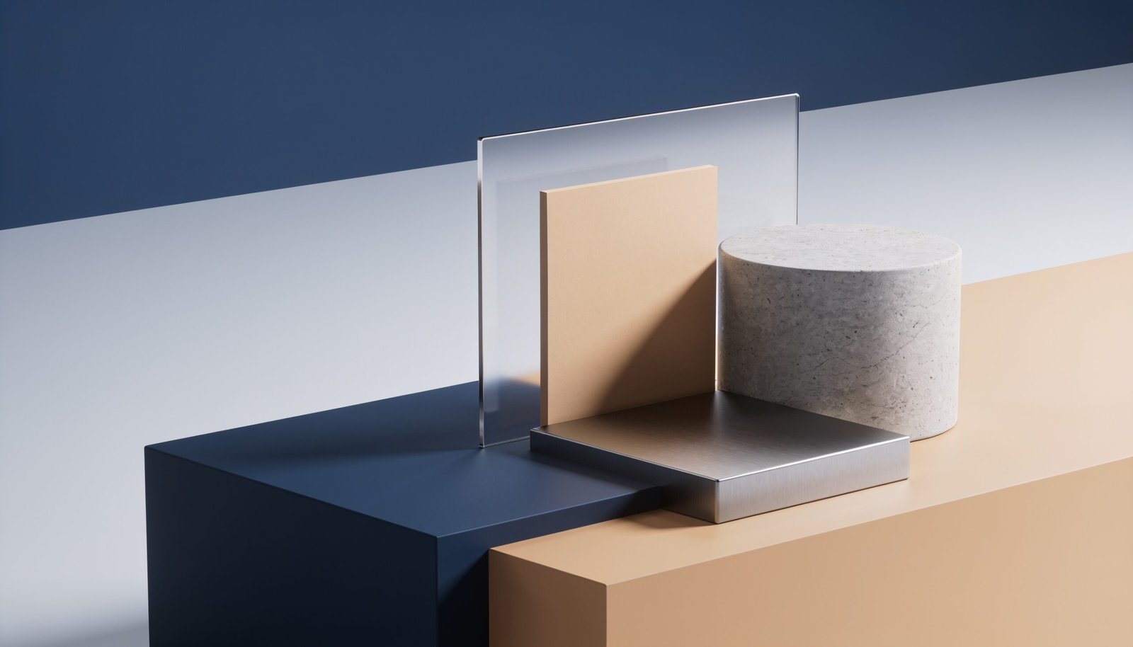 Abstract editorial illustration in deep blue, slate and warm neutral tones (description pending review)