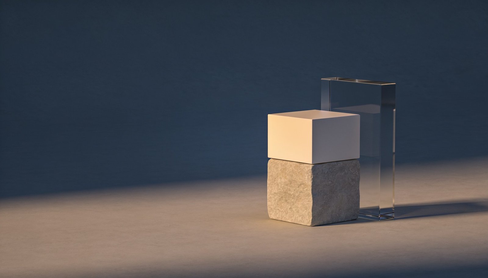Abstract editorial illustration in deep blue, slate and warm neutral tones (description pending review)